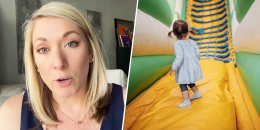 Attorney Shannon Schott and a child staring up at a bouncy house.