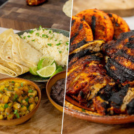 pollo yucateco asado with rice beans and salsa.
