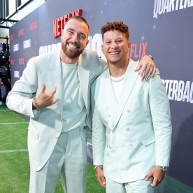 Travis Kelce and Patrick Mahomes at the "Quarterback" premiere at Netflix Tudum Theater on July 11, 2023 in Los Angeles.