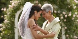Bride and mother touching foreheads